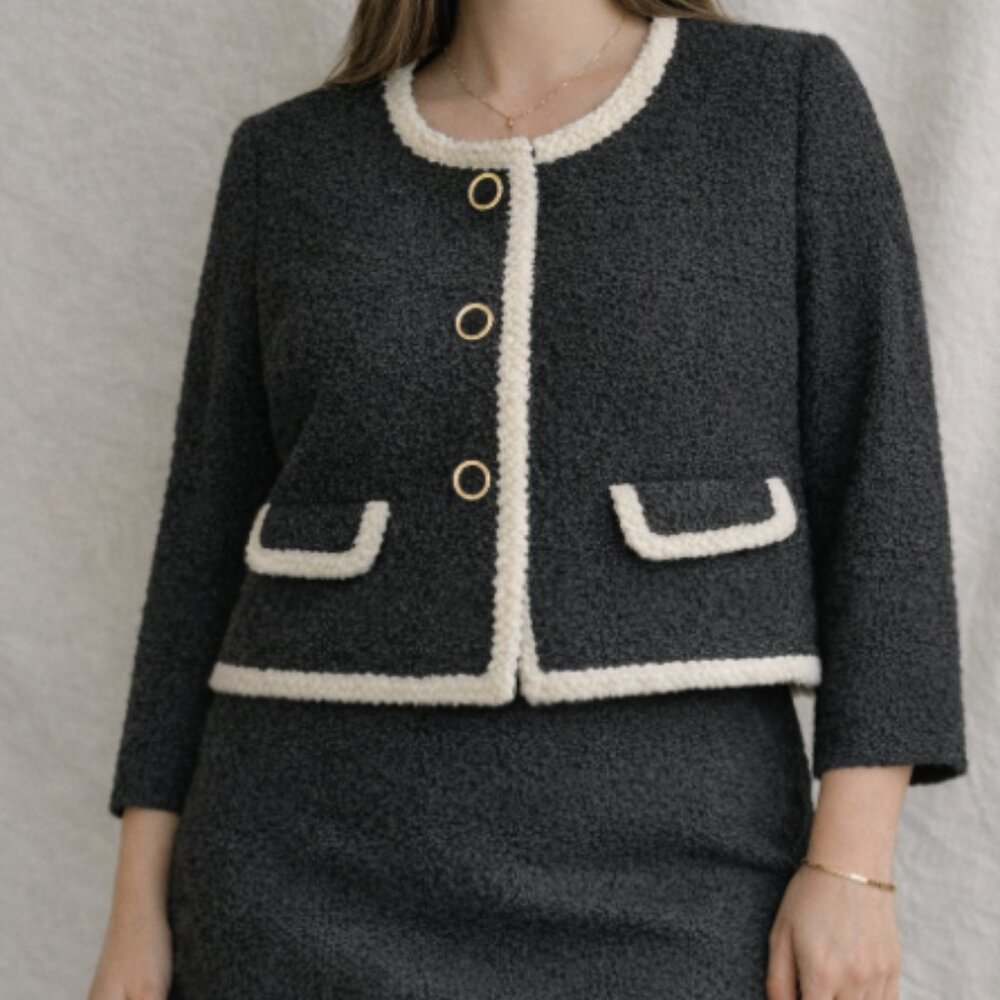 ba&sh Womens Bouclé Lady Jacket Size L Black Ivory Trim Gold Faux Buttons